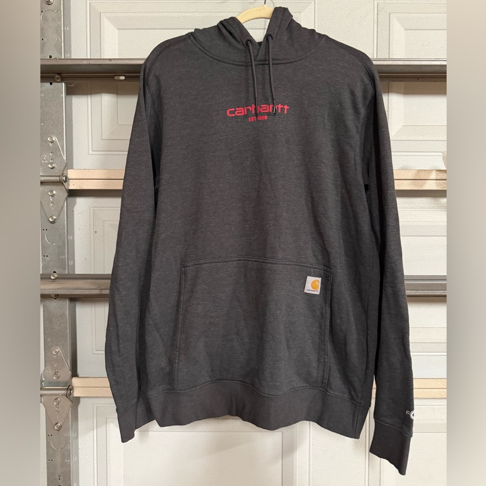 Carhartt Men's Charcoal Hoodie with Red Logo